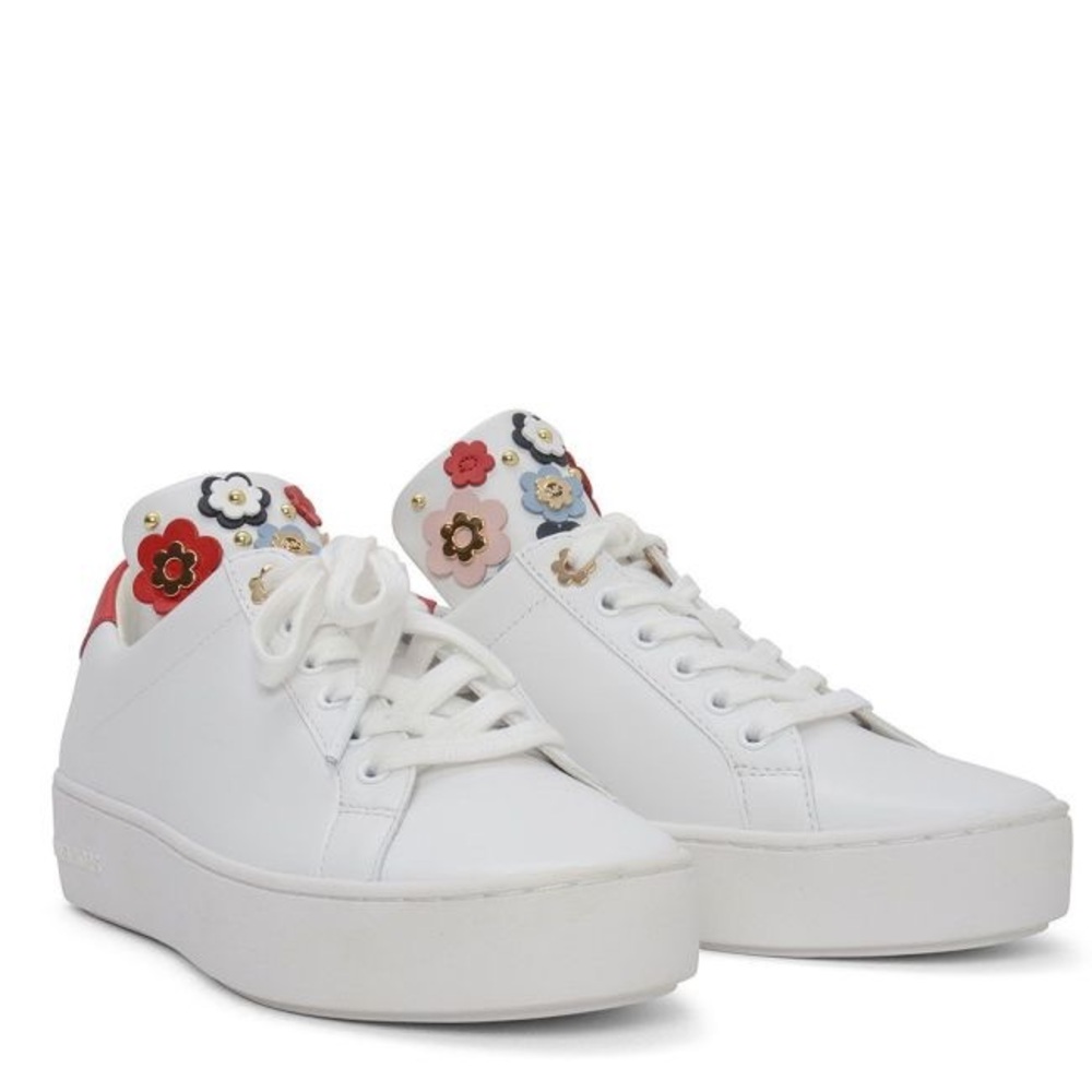 MICHAEL KORS MINDY FLOWER EMBELLISHED CUP-SOLE TRAINER IN WHITE